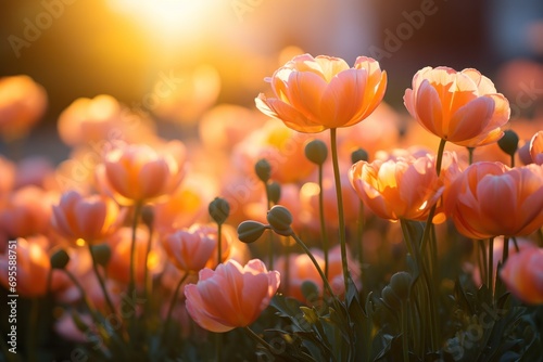  a field full of orange flowers with the sun shining in the backgrounnd of the flowers in the backgrounnd of the photo, with a blurry background. photo