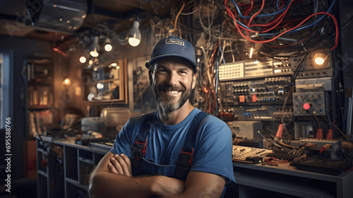 Portrait of an electrician with tools smiling in front of a circuit board © Matthias