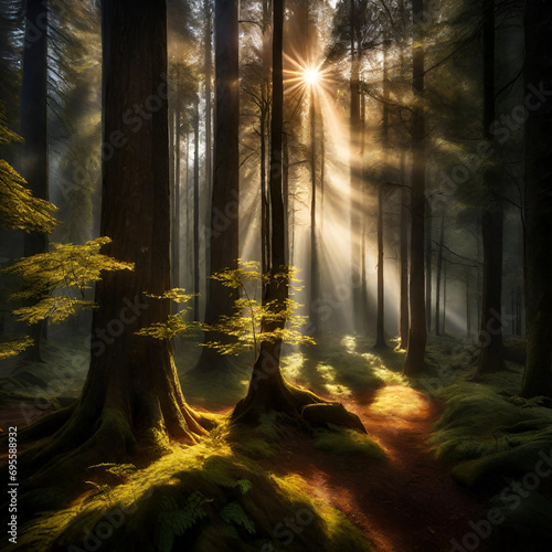 An awe-inspiring image of a forest clearing  where rays of ethereal light filter through the trees.