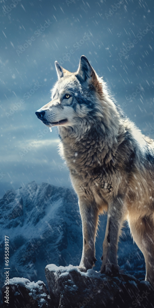 a wolf stands on a snowy mountain top, in the style of fanciful created with Generative Ai a wolf stands on a snowy mountain top, in the style of fanciful created with Generative Ai