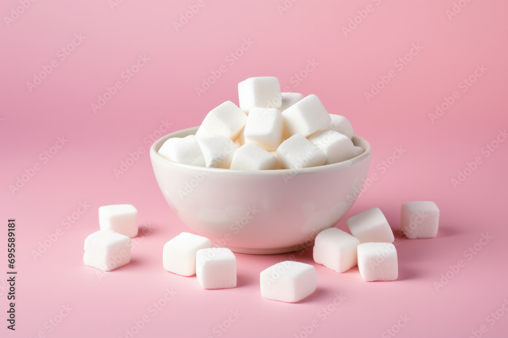 white sugar cubes in bowl on light pink background white sugar cubes in bowl on light pink background