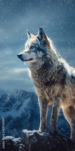 a wolf stands on a snowy mountain top, in the style of fanciful created with Generative Ai