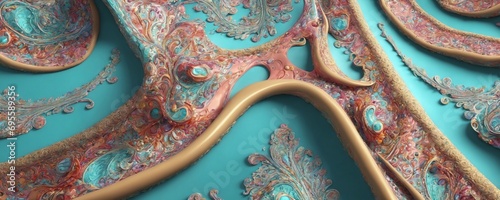 a close up of a blue and pink wallpaper