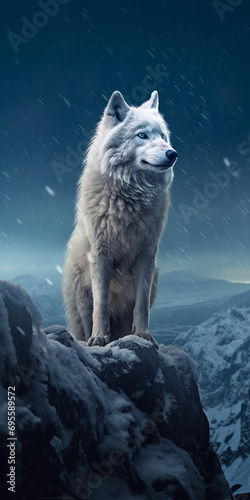 a wolf stands on a snowy mountain top, in the style of fanciful created with Generative Ai