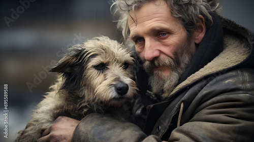 A homeless man with a dog sits on the street