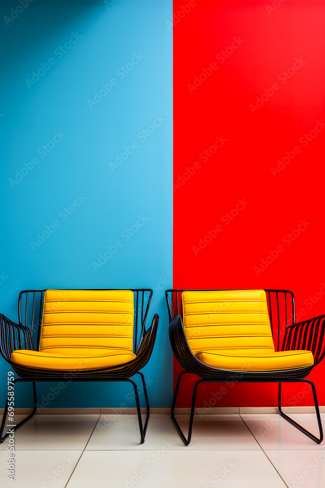 Fauteuils colorés placés devant un mur en couleurs vives StockFoto