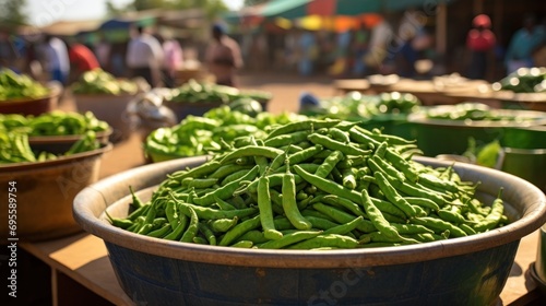 green okra spread on a table wide angle photo