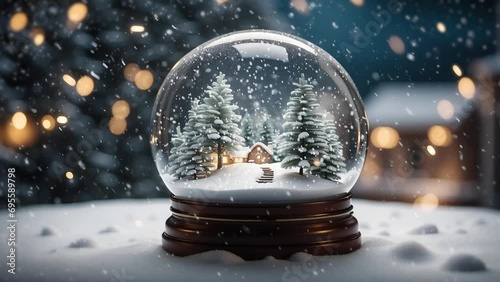 Crystal ball, snowball with snowy Christmas tree and house inside. Snow globe with falling snow. 4K video animation