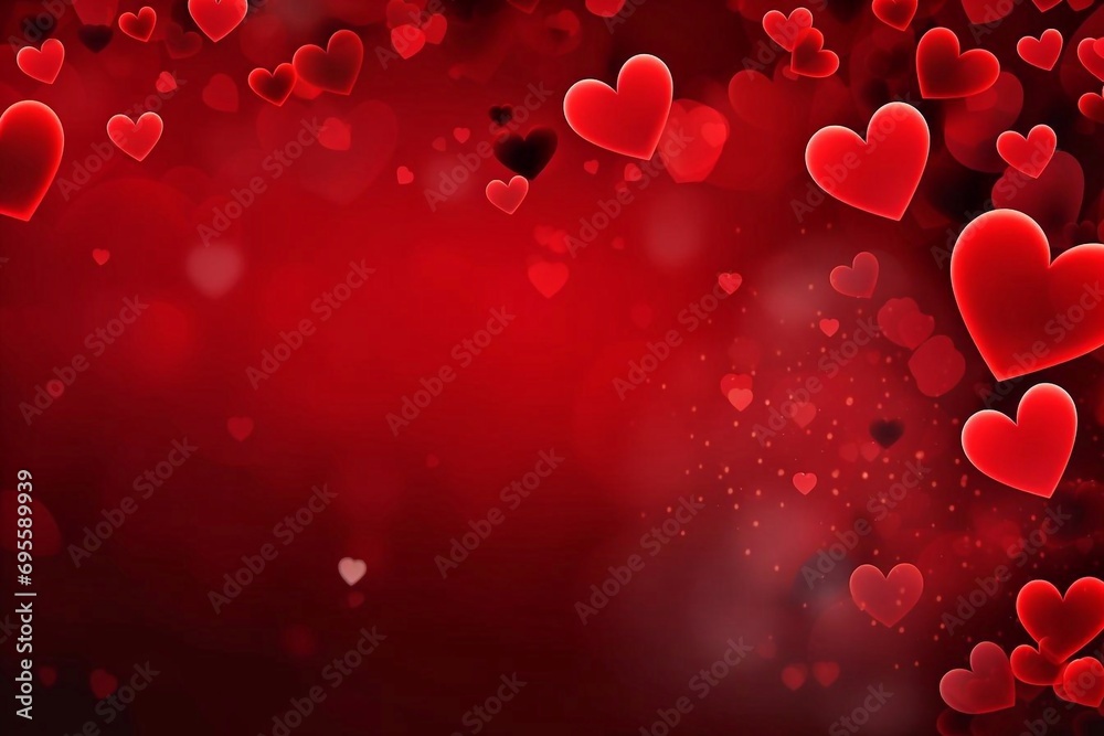 Valentine's day background with red and black hearts on red bokeh