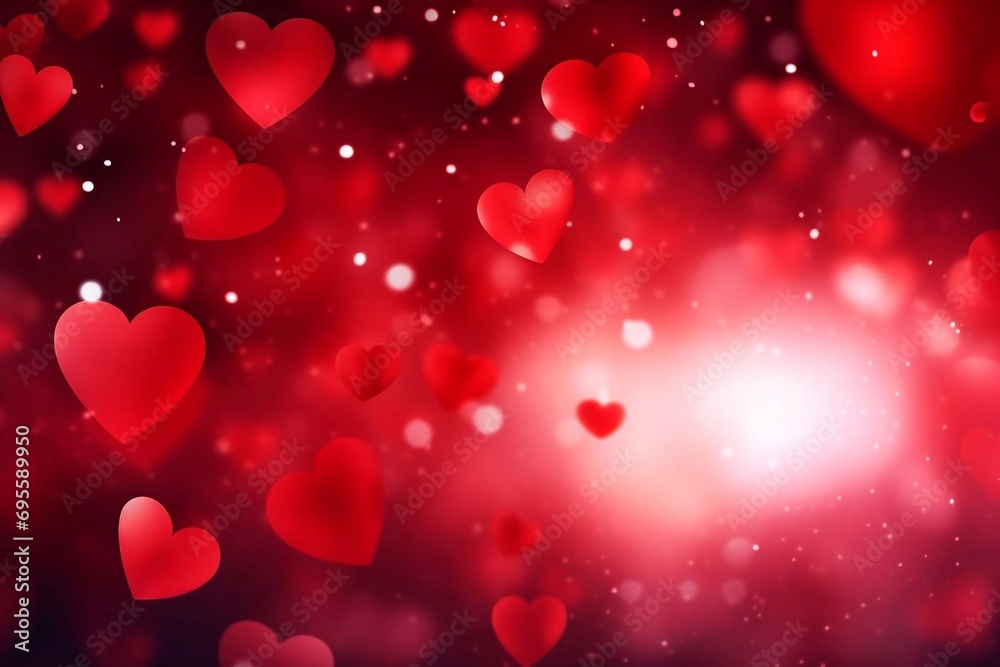 Valentines day abstract background with red hearts bokeh lights