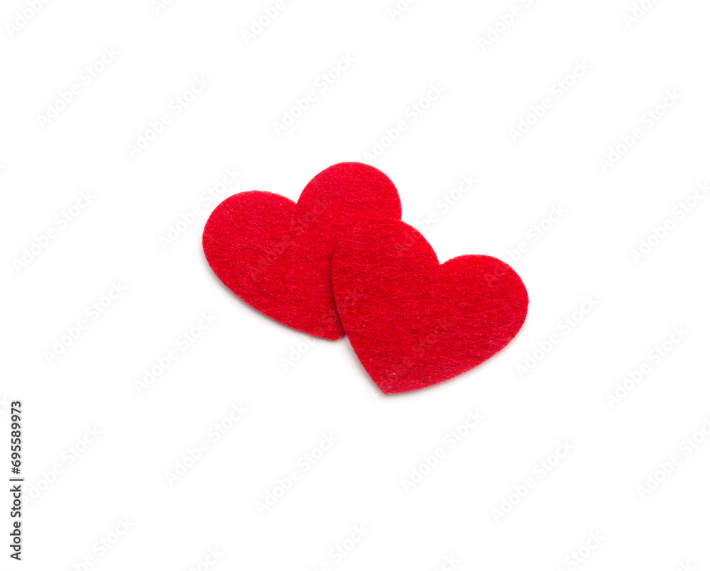 Felt red heart shapes isolated on white ,top view