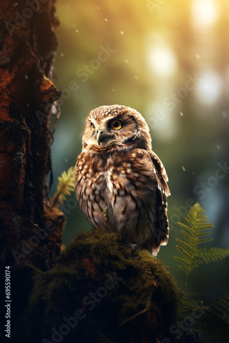 owl in forest, bokeh, beautiful lighting created with Generative Ai
