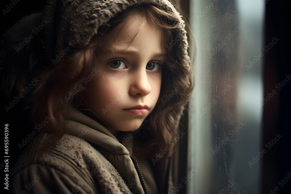 Sad little girl looking out of a window Sad little girl looking out of a window
