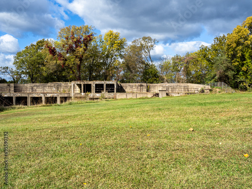 Ruins of Fort Washington, Virginia, with fall colored trees and sky. photo