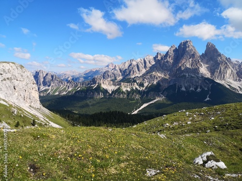 Mountain scenery in the Dolomites, Italy, with rocky mountains