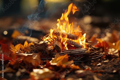  a close up of a fire in the ground with leaves on the ground and a blurry background of leaves on the ground, with a blurry image in the foreground.