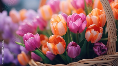 tulips are sitting on the edge of a wicker basket #695591587