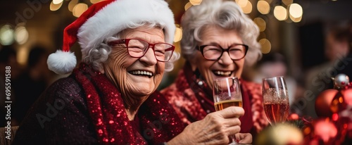 two old women celebrating christmas with a htm christmas meal