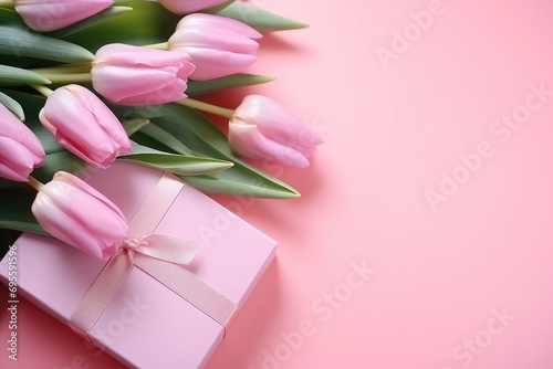 pink tulips are on a pink background with a pink box © ArtCookStudio