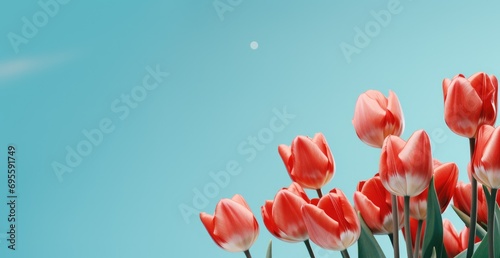 red tulips on a blue background with copy space