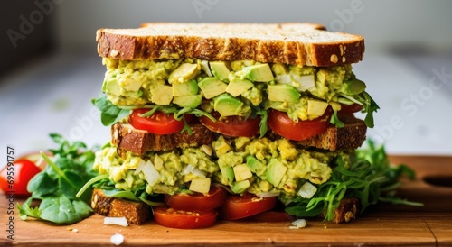 stacked veggie salad sandwich on a board