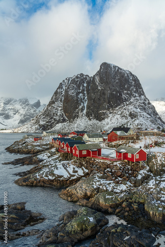 View of fishermen village with typical red houses in Lofoten