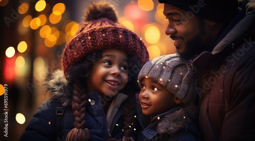 two children and an african american man near christmas lights