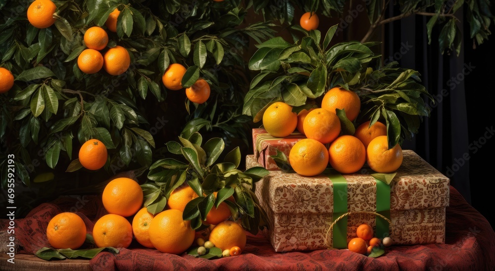 two oranges rest beside presents while other trees are near