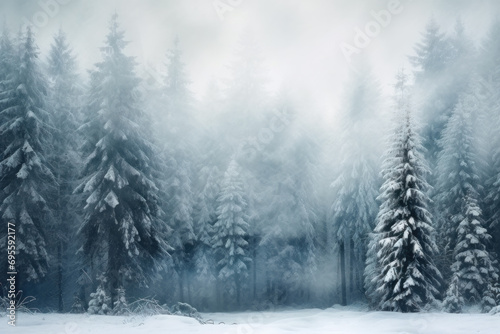 Enchanted winter forest with snow covered tall pine trees enveloped in mystical fog