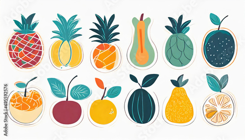 Fruit Clipart collection in flat hand drawn style, illustrations set. Tropical fruit and graphic design elements. Ingredients color cliparts. Sketch style smoothie or juice ingredients	 photo