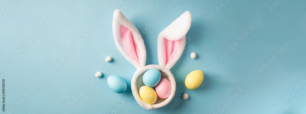 Osterdeko in Pastell mit Hasenohren und Ostereiern Osterdeko in Pastell mit Hasenohren und Ostereiern