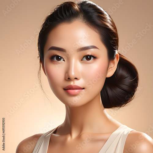 Attractive Asian woman front close up portrait smiling, solid color background, use for advertisement for cosmetic products