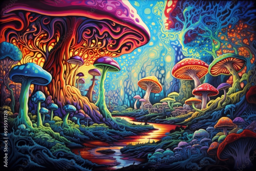 Psychedelic colorful mushrooms. Trippy background in acid colors. Psilocybin mushrooms. Magic mushrooms.