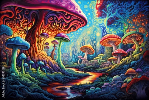Psychedelic colorful mushrooms. Trippy background in acid colors. Psilocybin mushrooms. Magic mushrooms. photo