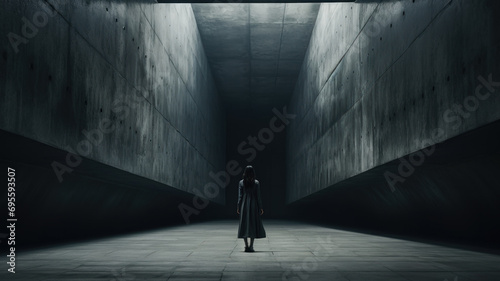 Woman stands in dark concrete corridor alone  back view of lone girl in spooky minimalist hall. Female person like in thriller or horror movie. Concept of fantasy  mystery  cinematic