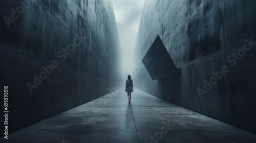 Young woman walks away alone in dark concrete corridor, back view of lonely girl in minimalist passage. Female person like in thriller movie. Concept of loneliness, wall, cinematic photo