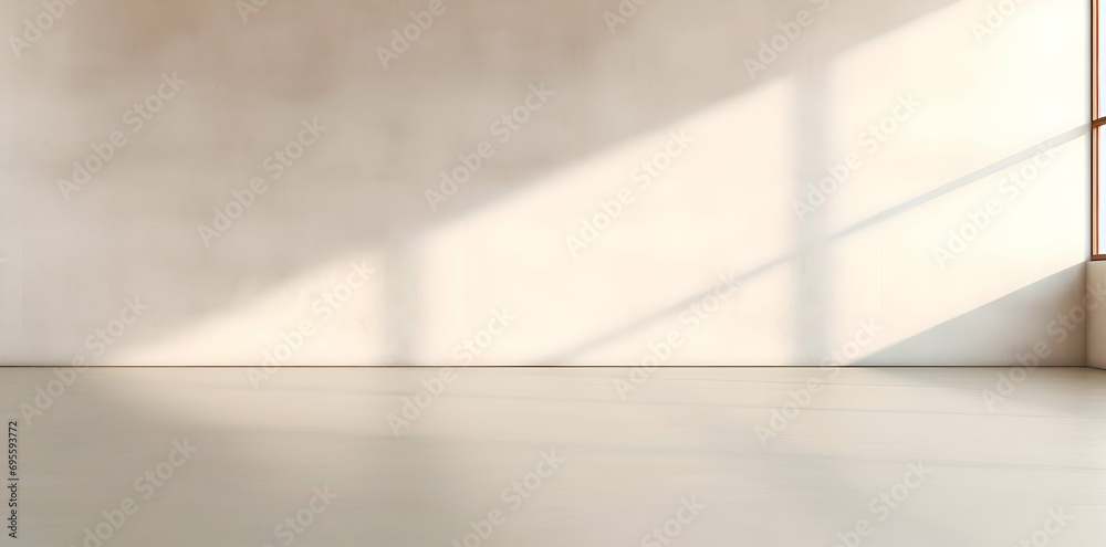 High resolution Beige room with cement wall and floor background with soft shadow from window on empty concrete wall. Aesthetic boho architecture interior. Creative product mockup. Generative Ai - obrazy, fototapety, plakaty 