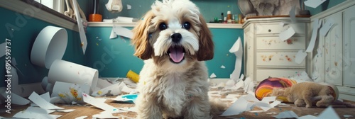 Funny mischievous dog chewed and scattered toilet paper in the toilet room photo
