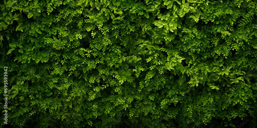High resolution Close up of fresh nature spring bushes wall pattern. Green leaf plant, greenery grass texture background pattern for walllpaper, background Generative AI. - obrazy, fototapety, plakaty 