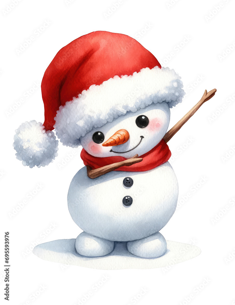 Watercolor illustration of Snowman doing the Dab dance, on white background with clipping path include.