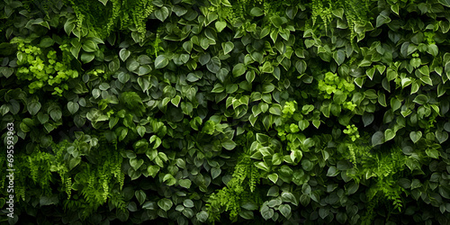 High resolution Close up of fresh nature spring bushes wall pattern. Green leaf plant, greenery grass texture background pattern for walllpaper, background Generative AI.