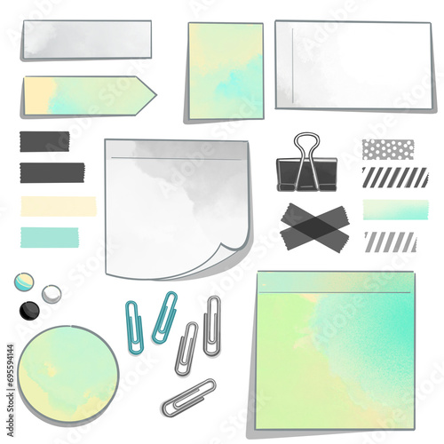Handgezeichnete Post-it Zettel Grau Grün, Notizzettel, Washitape, Klebestreifen und Pins - Büro Sammlung - Teil 5 - Cutout Vektor Illustration