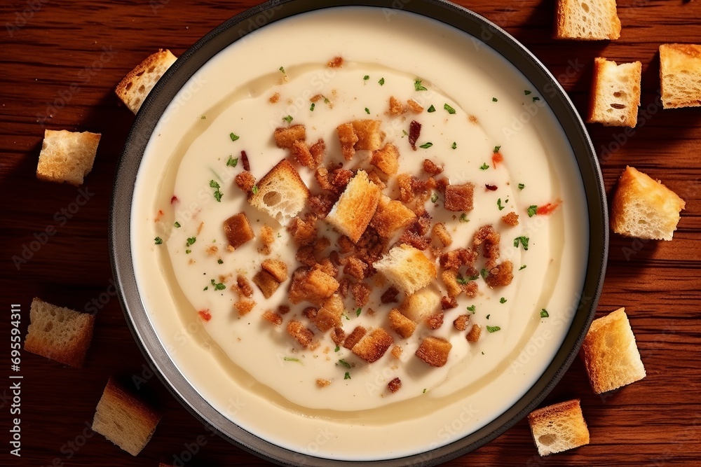 Top view of onion cream soup with garlic croutons, plate with pack on wooden background
