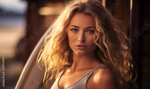 Portrait of a confident blonde surfer woman with a surfboard, poised and ready for a day in the waves, embodying beach lifestyle and adventure