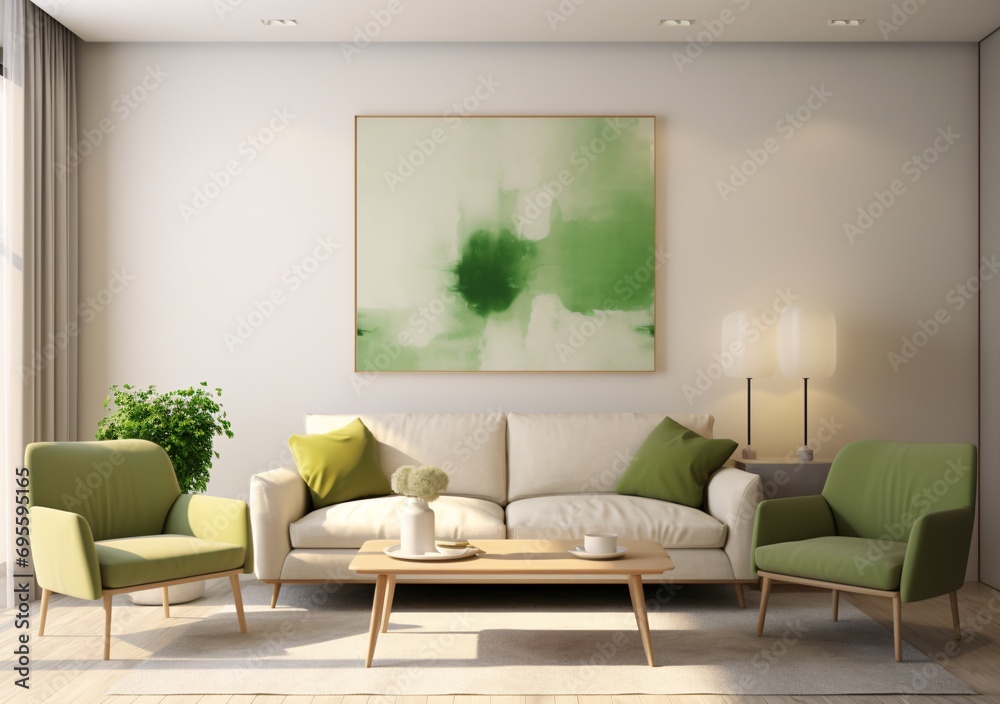 Fototapeta premium A cozy living room with a white couch and green accents Generative AI