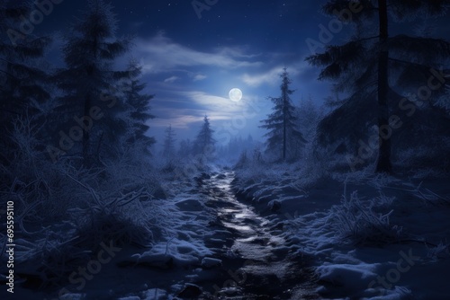  a snow covered path in the middle of a forest under a full moon with a full moon in the sky above the trees and the path is a snow covered path.