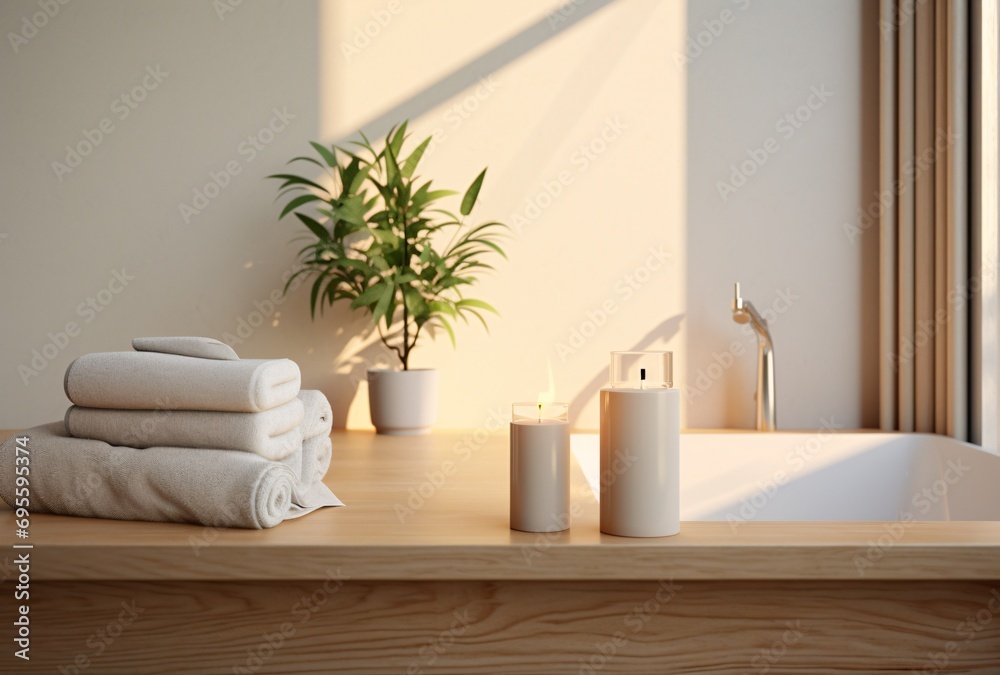 A bathroom scene with a sink, a potted plant, and candles. Generative AI A bathroom scene with a sink, a potted plant, and candles. Generative AI