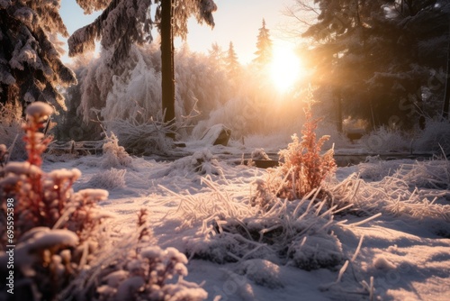  the sun shines brightly through the trees in the snow - covered area of a park on a cold winter's day, with snow - covered shrubs and pine trees in the foreground.