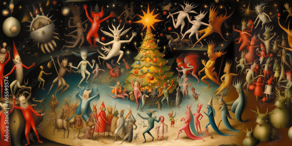 A fantastical scene with bizarre and whimsical creatures dancing around a Christmas tree