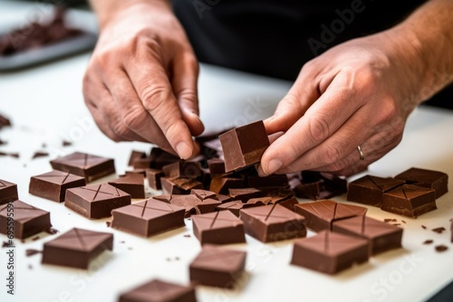 close hands prepare chocolate. Chocolatier. Chocolate candies. preparing dessert